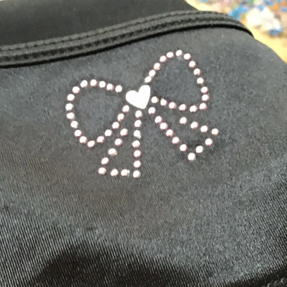 Danskin Now Black Soot Pink Bow‎ Silver Heart Bling Dance Costume Leotard 14/16